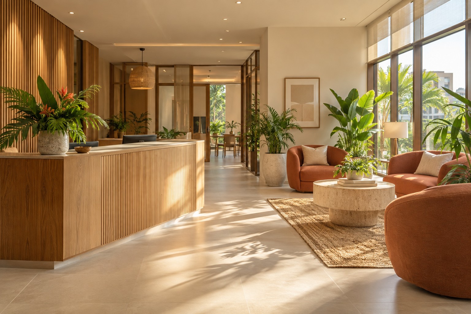 Conceptual sunlit office reception with warm wood furnishings and indoor plants